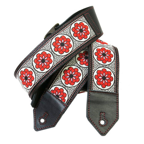 Vintage Textile Ribbon Red Stitched Guitar Strap