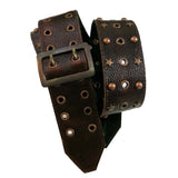 A burgundy textured leather guitar strap with a copper buckle, featuring decorative brass studs and star-shaped accents.
