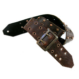 A burgundy textured leather guitar strap with a copper buckle, featuring decorative brass studs and star-shaped accents.