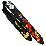 Custom leather guitar strap featuring Keith's Micawber guitar