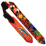 A multicolored custom leather  guitar strap with detailed artwork including a depiction of the Virgin of Guadalupe (Madonna), The Beatles.and Santana style images.