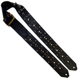 Top quality vintage silver hardware on a thick and supple black chap leather cut to 2.25 inches wide and backed with Suede.