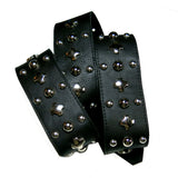 Rows of high quality vintage silver hardware on a thick and supple black chap leather cut to 2.25 inches wide and backed with Suede.