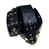 Rows of vintage silver hardware on a thick and supple black chap leather cut to 2.25 inches wide and backed with Suede.