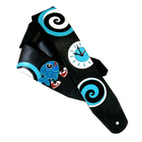 One of  kind black leather guitar strap with turquoise images representing a dream or hallucinations.
