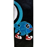 One of  kind leather guitar strap with a Kidskin fish wearing sneakers.