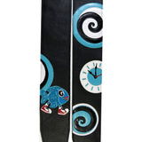 One of  kind leather guitar strap with Kidskin overlays of spirals, a clock and a fish with sneakers.