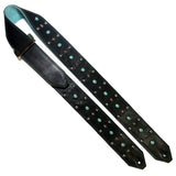 Black leather guitar strap with vintage turquoise cabochons and silver stars and domes hardware