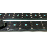 Close up of Black leather guitar strap with vintage turquoise cabochons and silver stars and domes hardware
