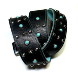 Black leather guitar strap with vintage turquoise cabochons and silver hardware