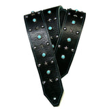 Black leather guitar strap with vintage turquoise cabochons and silver stars and domes hardware