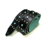 Black leather guitar strap with vintage turquoise cabochons and silver stars and domes hardware