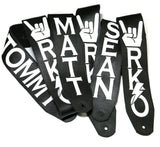 Three Black Chap leather guitar strap with Kidskin overlays of band logo and guitarists names.