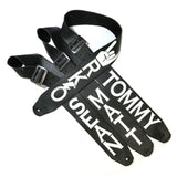 Three Black Chap leather guitar strap with Kidskin overlays of band logo and guitarists names.