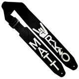 Black Chap leather guitar strap with Kidskin overlays of band logo and guitarists name, Matt.