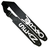 Black Chap leather guitar strap with Kidskin overlays of band logo and guitarists name, Sean.