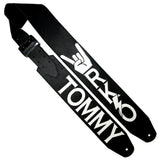Black Chap leather guitar strap with Kidskin overlays of band logo and guitarists name, Tommy.