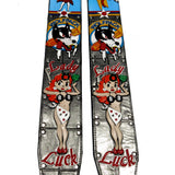 Custom WW2 Bomber Plane Nose Art Wolfpack Squadron Insignia and Pin-up girl guitar straps, all leather highly detailed art.