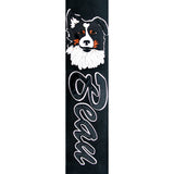 Black leather guitar strap with a custom dog illustration of owners dog "Beau"