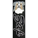 Black leather guitar strap with a custom dog illustration of owners dog "Zap"