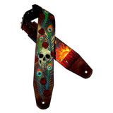 Custom leather guitar strap with airbrushed peacock feathers and various paint finishes and leather styles.