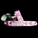 Megan Moroney Custom Guitar Strap Cloud 9 tour. Pink metallic leather guitar strap with Swarovski Crystals.