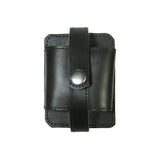 A black leather wireless transmitter pocket with a snap closure, shown against a plain white background.
