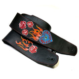 Black leather guitar strap with red roses, orange flames, and sacred heart Kidskin designs.