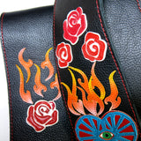 Black leather guitar strap with red roses, orange flames, and sacred heart Kidskin designs.