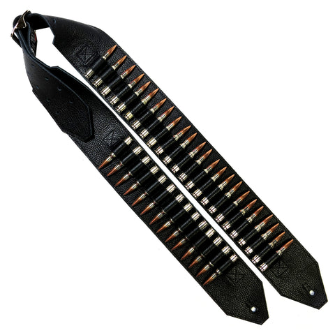 Black leather guitar strap gun belt with silver bullets