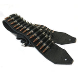 Black leather guitar strap with silver bullets on a white background