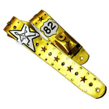 A metallic gold leather guitar strap featuring Steve Azar's logo in Kidskin overlays, a Route 66 '82' Kidskin shield, and gold studs and Swarovski Crystals.  Features a wireless transmitter pocket on the back.