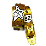 A metallic gold leather guitar strap featuring Steve Azar's logo in Kidskin overlays, a Route 66 '82' shield emblem, and gold studs and Swarovski Crystals.  Features a wireless transmitter pocket on the back.