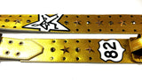 Close up of a metallic gold leather guitar strap featuring a Route 66 '82' shield emblem, and gold studs and Swarovski Crystals.  Kidskin overlays of Steve Azar's logo.