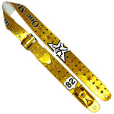 A metallic gold leather guitar strap featuring Steve Azar's logo and a Route 66 '82' Kidskin shield, with gold studs and stars and Swarovski Crystals.  Custom leather wireless transmitter pocket on the back to match.