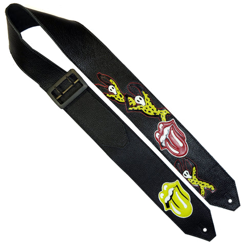 OOAK Stones Voodoo Lounge Black Leather Guitar Strap 2.75 Inch
