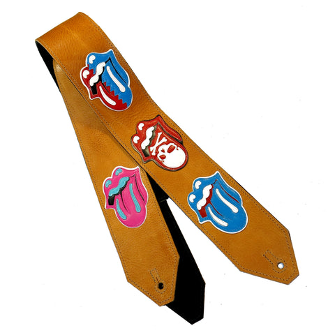 OOAK Stones Lips Gold Leather Guitar Strap