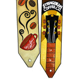 Top quality All leather custom guitar strap with logo and name, Stringbean Coffee Co.
