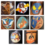 WW2 Bomber Plane Nose Art guitar straps, all leather highly detailed artist crafted custom guitar straps. Artwork inspired by Bomber Jacket patches.