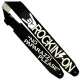Black Chap leather custom guitar strap with white Kidskin overlays of band name and logo