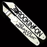 White Chap leather custom guitar strap with black Kidskin overlays of band name and logo