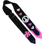 Sheryl Crow custom guitar strap created with black Chap leather and Kidskin overlays.  Peace Sign, Flowers and Hearts.